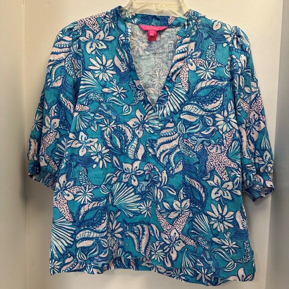 Lilly Pulitzer Mialeigh Top  Elbow Sleeve Size 0 Amalfi Blue Linen - Picture 1 of 9